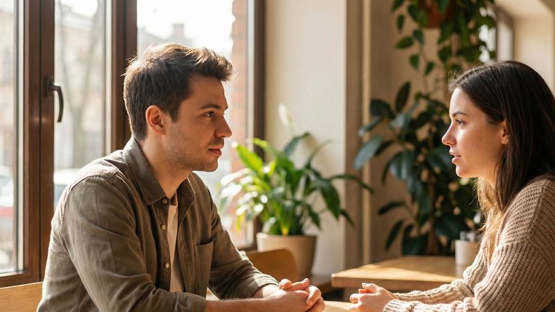 Dwie osoby siedzące naprzeciwko siebie w rozmowie, ciepłe, naturalne oświetlenie, wyraz skupionej uwagi