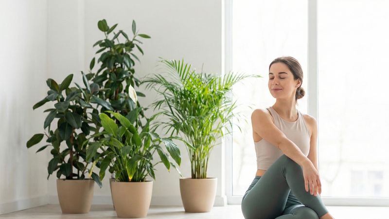 Osoba siedząca w spokojnej pozie przy oknie, światło dzienne, rośliny w tle, atmosfera skupienia i wyciszenia