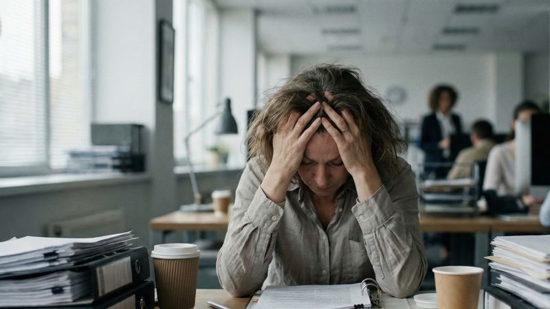Osoba trzymająca głowę w dłoniach przy biurku zastawionym dokumentami, zmęczony wyraz twarzy