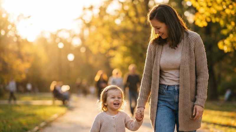 Matka trzymająca małe dziecko za rękę podczas spaceru, ciepłe popołudniowe światło, park